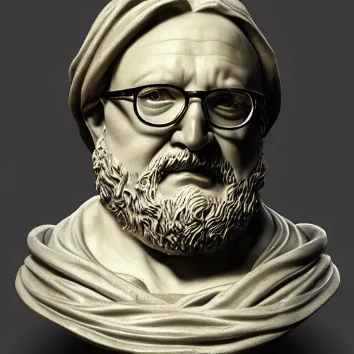 Prompt: beautiful lifelike award winning marble statue bust of gabe newell trending on art station artgerm greg rutkowski alphonse mucha museum quality cinematic atmospheric