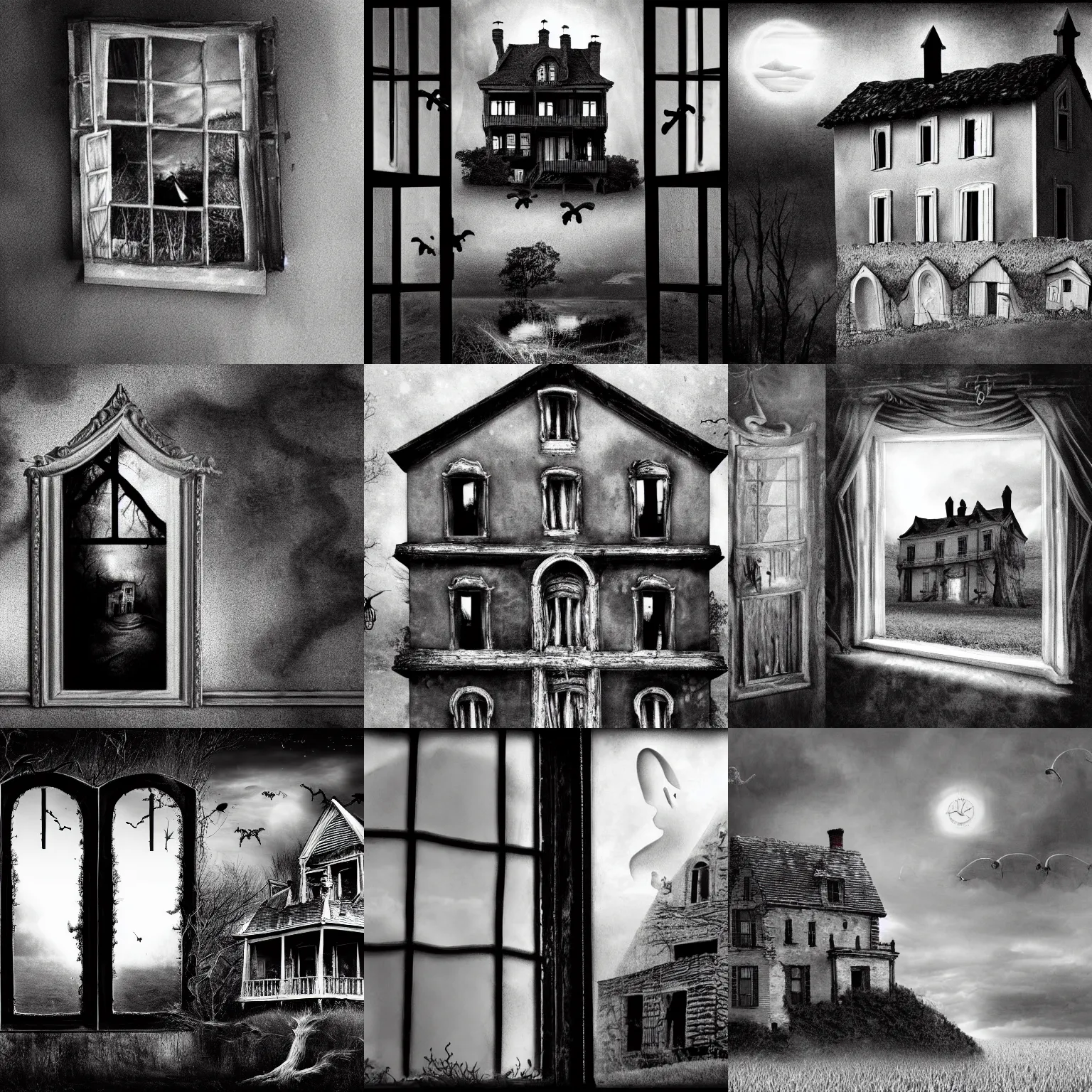 Prompt: landscape photo of old haunted house, ghost on the window, creepy, realistic, detailed, black and white, salvador dali