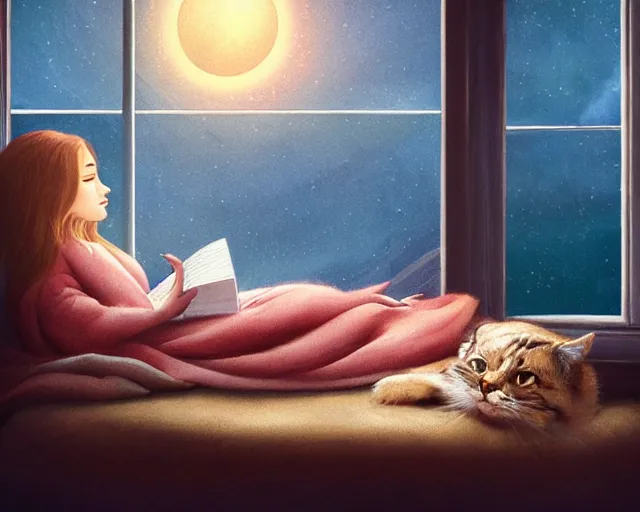 Prompt: a realistic beautiful warm matte painting of a woman curled up with a blanket reading a good book next to her friendly cat who is purring with eyes closed. they are both sitting next to a window as the sun sets in winter, by ross tran, trending on artstation, concept art, lofi, digital illustration