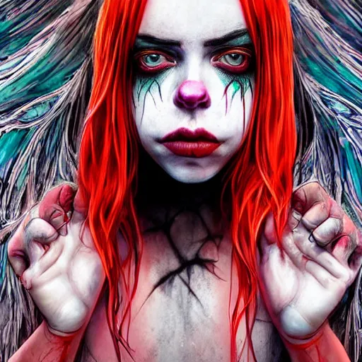 Prompt: 4K headshot of godlike Billie Eilish with defined arms and open hands and bloody clothes with giant mandala wings , intricate runny clown face make-up , flawless anime cel animation by Kentaro Miura, psychedelic , highly detailed upper body , professionally post-processed , beautiful, scary, symmetry accurate features, epic, octane rendered, anime masterpiece, accurate