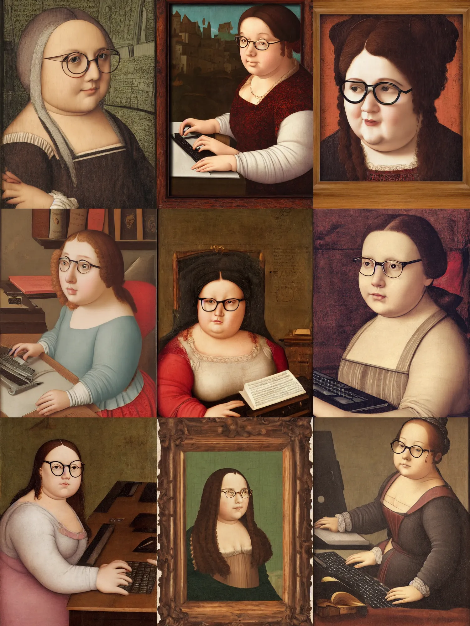 Prompt: a chubby girl with glasses typing on a computer, renaissance, side portrait, pillow hair, wooden frame