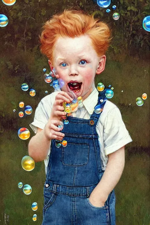 Image similar to a little boy with very short ginger hair wearing denim overalls chasing bubbles. clean elegant painting, beautiful detailed face, lots of bubbles. by norman rockwell and artgerm and greg rutkowski