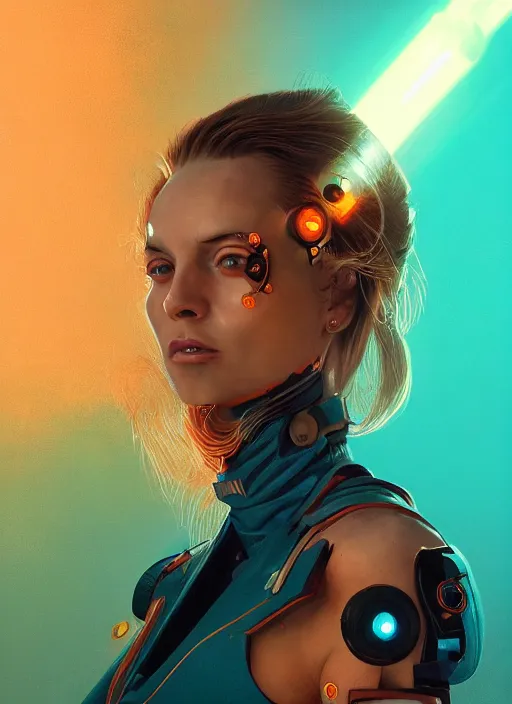 Image similar to symmetry!! dynamic pose! closeup portrait of a cyborg pirate girl, fashion cyborg jumpsuit, shoulder pads, cinematic light, backlight, windy, teal orange, volumetric steam, dust particles, by gerald brom, by mikhail vrubel, by peter elson, muted colors, extreme detail, trending on artstation, 8 k