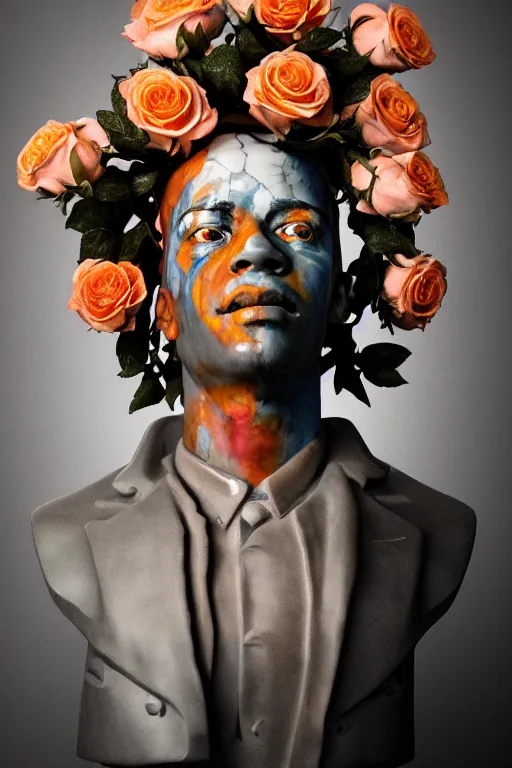 Image similar to beautiful marble bust of basquiat wearing a crown full of peach and white roses and hands reaching to the sky. rococo style decorations, background heavenly sky, marble columns, Trending on artstation. halo. octane render, cinematic, hyper realism, octane render, 8k, depth of field, 3D