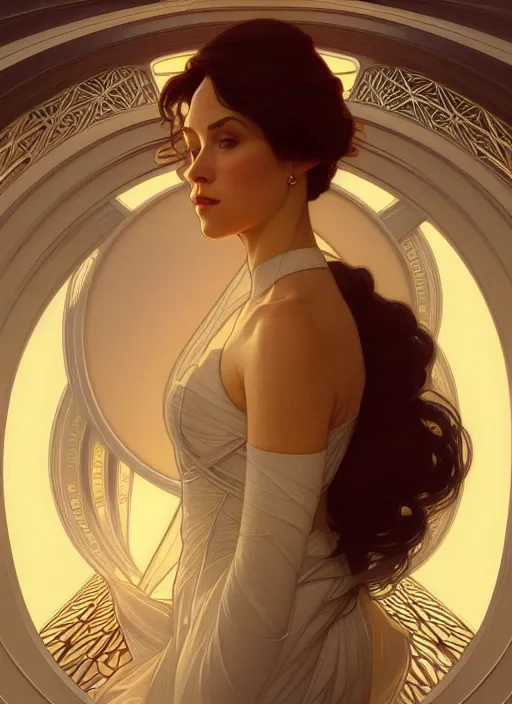 Image similar to symmetry!! portrait bride, going down the stairs, futurism, sci - fi, glowing lights!! intricate, elegant, highly detailed, digital painting, artstation, concept art, smooth, sharp focus, illustration, art by artgerm and greg rutkowski and alphonse mucha, 8 k