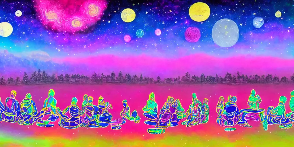 Image similar to twelve astronauts sitting by the river with a big holiday cake + psychedelic vegetation + purple, pink, blue + planets and stars + mystical fog, super detail, high quality