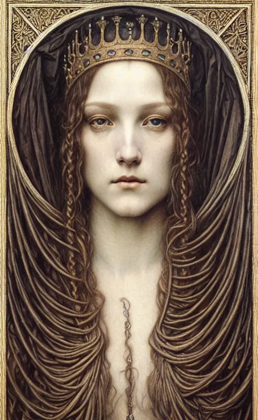 Image similar to detailed realistic beautiful young medieval queen face portrait by jean delville, gustave dore and marco mazzoni, art nouveau, symbolist, visionary, gothic, pre - raphaelite. horizontal symmetry