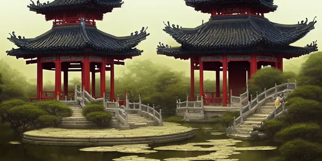 Prompt: a chinese garden and pagoda, highly detailed, digital painting, artstation, concept art, matte, sharp focus, illustration, art by artgerm and greg rutkowski and michael whelan and gustave dore and alphonse mucha