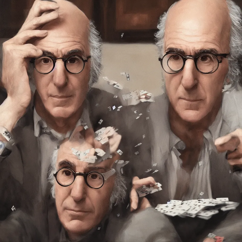 Image similar to portrait of larry david playing poker. intricate artwork, wlop, beeple. octane render, trending on artstation, greg rutkowski very coherent symmetrical artwork. cinematic, hyper realism, high detail, octane render, 8k