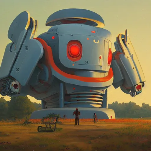 Image similar to an intricate oil painting of a giant anime robot with rounded and circular parts by simon stalenhag