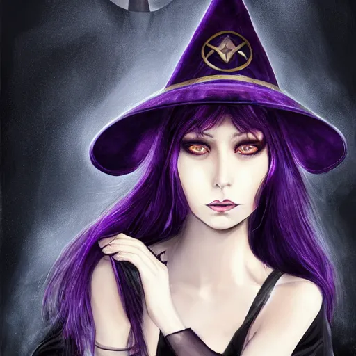 Prompt: Full-body Portrait of a female occult magician with dark purple hair, extra large witch hat, scars on face, character design, accentuated feminine features, well-endowed, realistic face, detailed face, symmetrical face, digital painting, anime visual style, game art, soft lighting, tonemapping, highly detailed, sharp focus, realism, vibrant colors, ArtStation, trending on ArtStation, DeviantArt, Zeronis