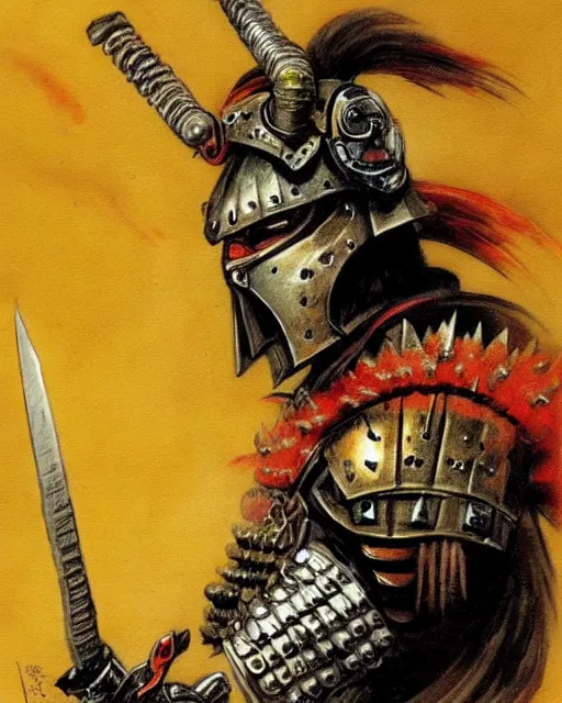 Image similar to portrait of a samurai cyborg wearing armor by simon bisley, john blance, frank frazetta, fantasy, barbarian