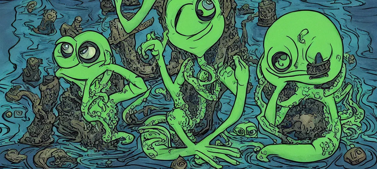 Prompt: Pepe the Frog immanentize the eschaton Bismuth and Sulfur Lovecraft Thalassophobia Old Gods in the style of Vincent Di Fate