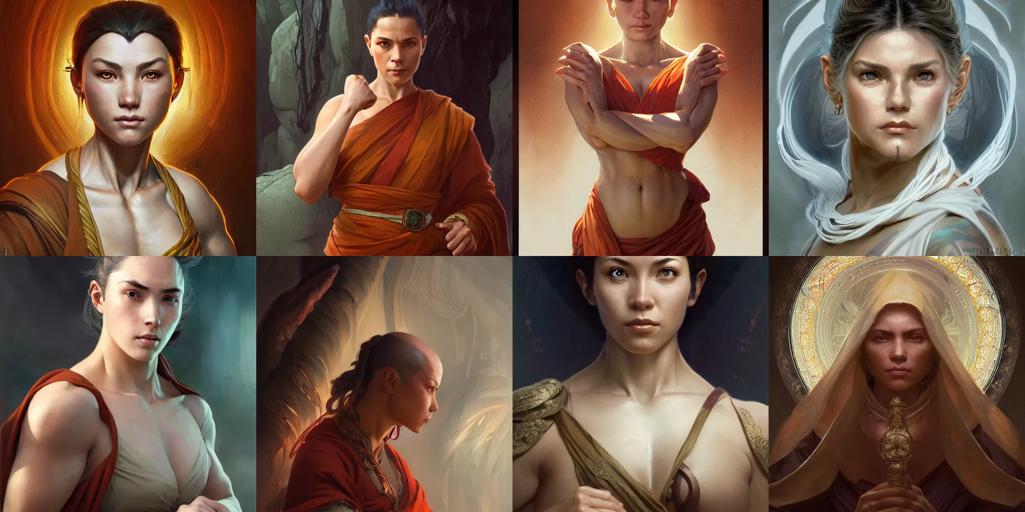 Prompt: portrait of a female monk, muscular, upper body, D&D, fantasy, intricate, cinematic lighting, highly detailed, digital painting, artstation, concept art, smooth, sharp focus, illustration, art by Artgerm and Greg Rutkowski and Alphonse Mucha