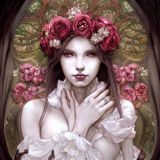 Prompt: a photograpic portrait of a anthropomorphic rose wearing white clothes, Dark souls themed, fantasy, intricate, elegant, highly detailed, digital painting, artstation, concept art, smooth, sharp focus, illustration, art by artgerm and H R Giger and alphonse mucha