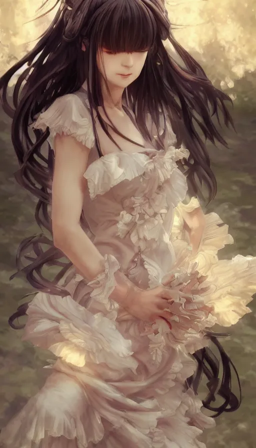 Image similar to portrait of kirisame marisa, touhou, anime art, dreamy and ethereal, expressive pose, peaceful expression, ornate frilly dress, fantasy, intricate, elegant, highly detailed, digital painting, artstation, concept art, smooth, sharp focus, illustration, art by artgerm and greg rutkowski and alphonse mucha