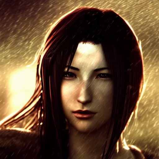 Image similar to elegant Tifa Lockhart, face centered portrait, Confident, fog, rain, volumetric lighting, beautiful, golden hour, sharp focus, ultra detailed, cgsociety by Leesha Hannigan, Ross Tran, Thierry Doizon, Kai Carpenter, Ignacio Fernández Ríos