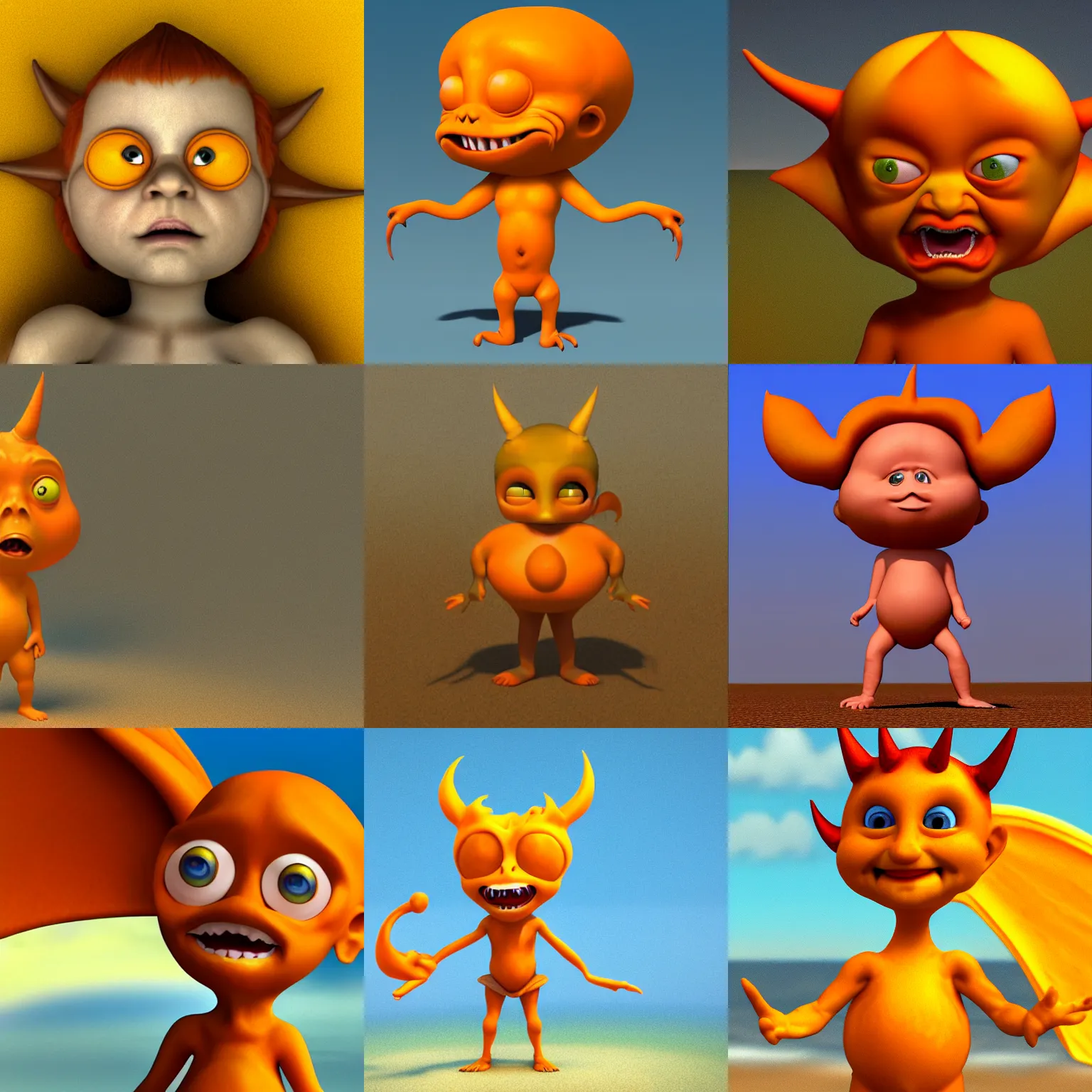 Prompt: frontal portrait final render of a yellow and orange cartoonish baby devil standing on a beach by brian froud in the style of pixar, made with blender