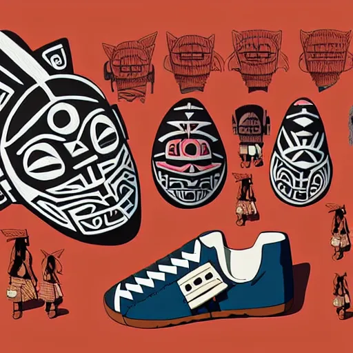 Prompt: sneaker design designed by studio ghibli, aztec mayan street fashion native punk sneaker design, majora's mask, wearing wooden mask, hip hop sneaker design with subtle mayan patterns, gapmoe yandere grimdark, trending on pixiv fanbox, painted by greg rutkowski makoto shinkai takashi takeuchi studio ghibli, akihiko yoshida