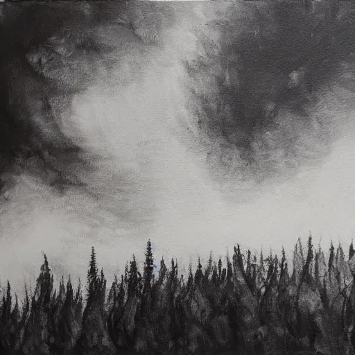 Prompt: forest fire burning a small village, black and white, oil painting