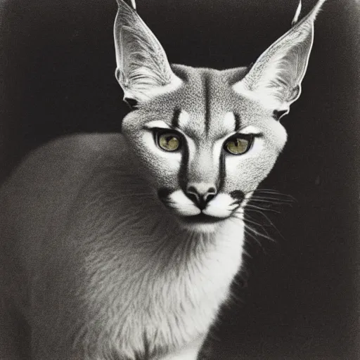 Prompt: A daguerreotype photograph of a caracal.