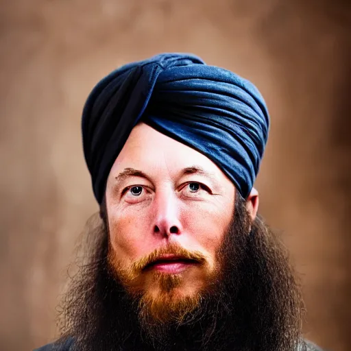 Image similar to a portrait elon musk wearing a long beard and a turban joining the taliban, fine details, close up, 8 k photography, depth of field, bokeh. i