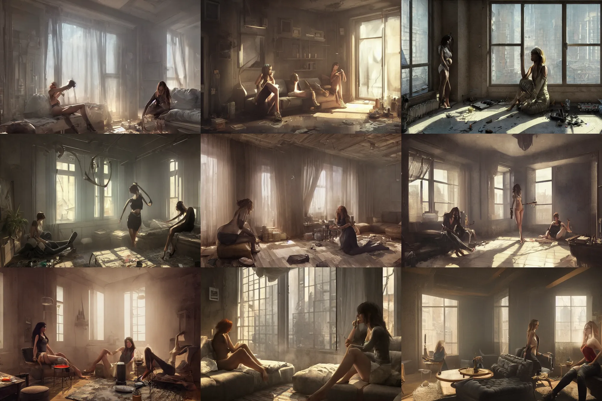 Prompt: beautiful women in the interior of a cynerpunk apartment, by Greg Rutkowski, 3d scene, render, ultra realistic, ray tracing, volumetric light, smoking cigarettes, artstation, cgsociety, level design, unreal engine, 3d scene, zenith view