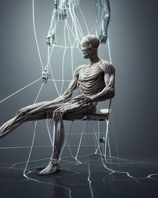 Prompt: a hyperrealistic painting of a human cyborg sitting in a chair with limbs stretched out, tied with electrical cables connected to infinite supercomputers, flood of images flowing from his head, tesseract, vitruvian man, 3 d render, octane, trending on artstation, concept art, insane details, zoomed out