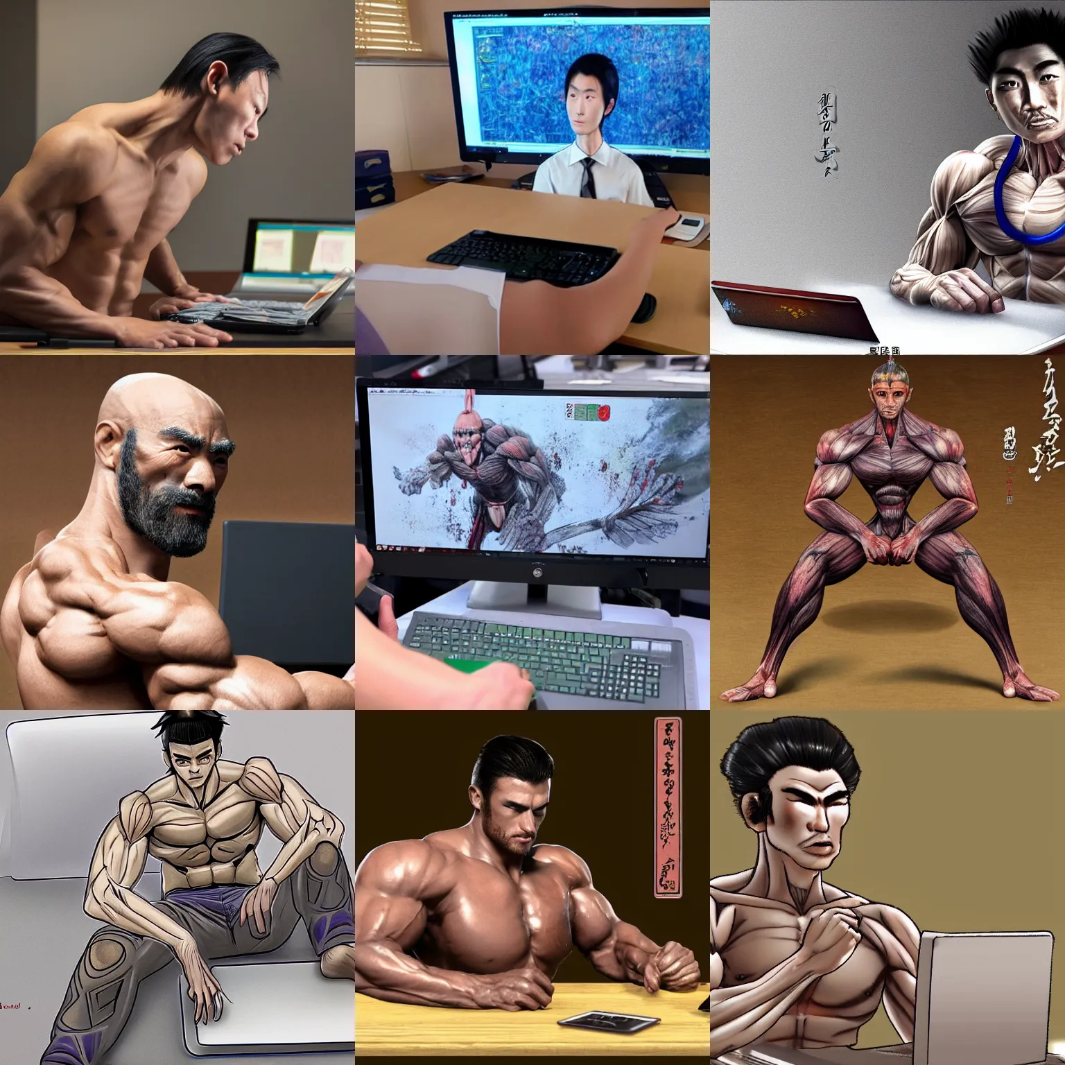 Prompt: muscular ganyu from genshin, sitting at a computer, hyper realistic photorealistic