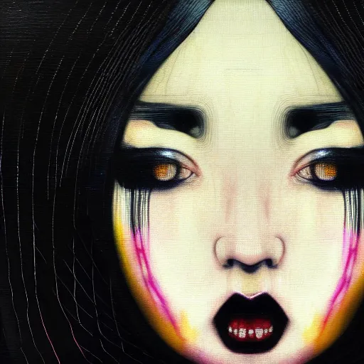 Image similar to yoshitaka amano blurred and dreamy minimalistic three quarter angle portrait of a young woman with black lipstick and black eyes looking up and to the side wearing dress suit with tie, junji ito abstract patterns in the background, satoshi kon anime, noisy film grain effect, highly detailed, renaissance oil painting, weird portrait angle, blurred lost edges