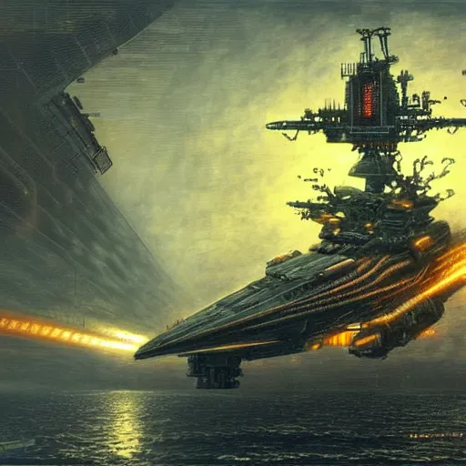 Prompt: cyberpunk battleship hovering, atmospheric lighting, painted, intricate, golden hour, ultra detailed by peter gric, giger, enki bilal