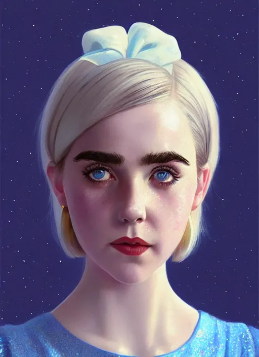 Image similar to portrait of kiernan shipka with freckles, white hair, big 1 9 6 0 s bob hairstyle with bangs and hairband, blue 1 9 6 0 s dress, intricate, elegant, glowing lights, highly detailed, digital painting, artstation, concept art, smooth, sharp focus, illustration, art by wlop, mars ravelo and greg rutkowski