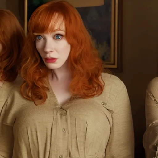 Image similar to a very surprised beautiful Christina Hendricks and her twin sister in the living room, film still from the movie directed by Denis Villeneuve with art direction by Salvador Dalí, wide lens