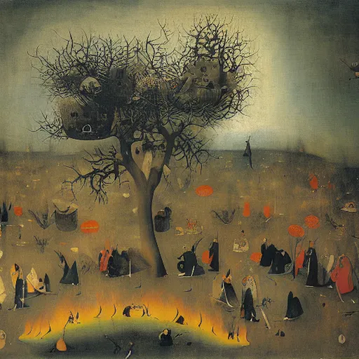 Prompt: a surreal painting by hieronymus bosch of a dark forest of small japanese bonsai trees on fire, smoke in the sky, people standing around screening and running, ominous, oil on canvas