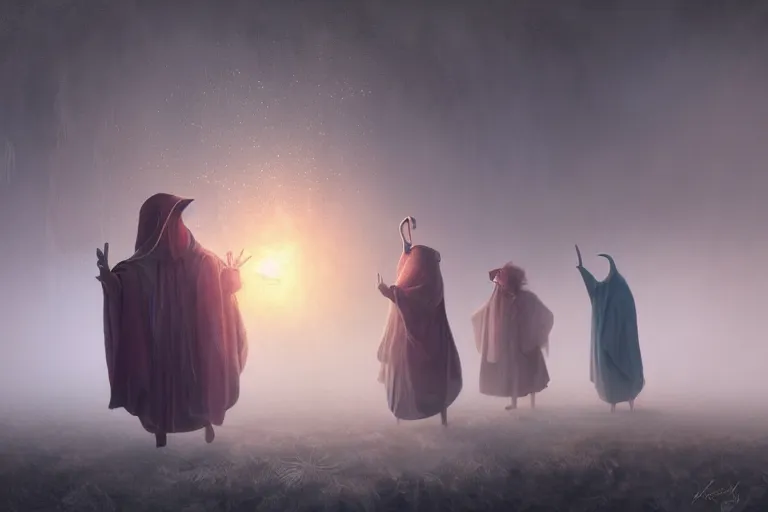 Prompt: masterful fantastic realist painting of the enchanted summoning rituals of unusual moody birds wearing cloaks, peacock wizardry, weird perspective, digital painting trending on artstation, volumetric lighting and mist, hyperrealistic, octane render