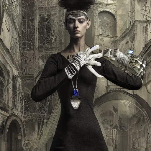 Image similar to italian solarpunk curator in an art gallery with extremely detailed headsets and glove's, inspired by die antwoord beautiful, hand painted textures, cloth physics, deviantart, karol bak, masamune shirow, black and white, photorealistic, concept art, perfect render, 3 d render, pixar, 8 k