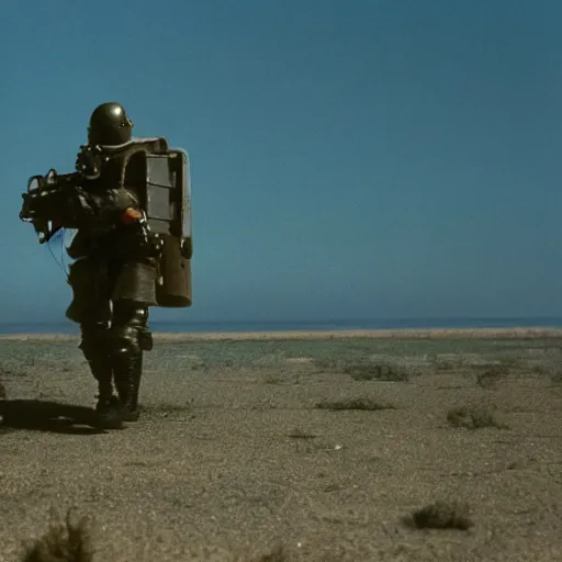 Prompt: a heavily armored man wearing a gasmask walking through a dry ocean, coral trees, film still arriflex 3 5