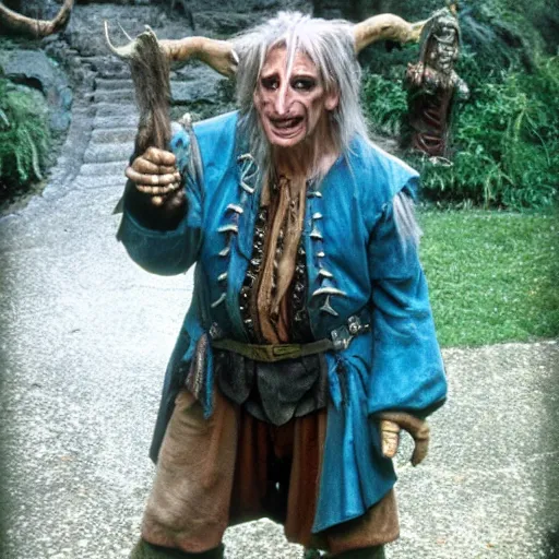 Image similar to Anthony fauci as Hoggle from Movie the Labyrinth. Wearing blue gloves.