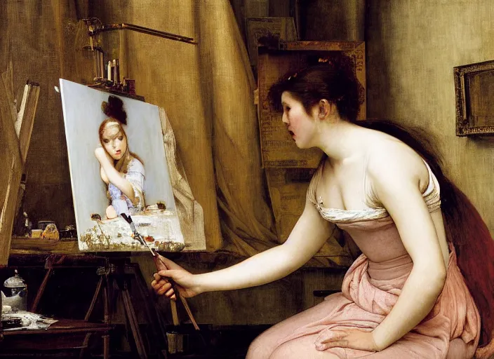 Prompt: a painter in his studio painting a picture of belle delphine by edgar maxence and caravaggio and michael whelan and delacroix style, artistic, intricate drawing, cinematic lighting, hyper realistic, extremely detailed, establishing shot, 8 k resolution, dramatic lighting