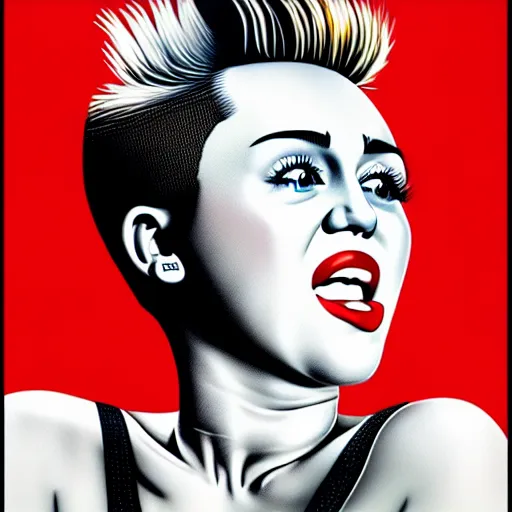 Image similar to propaganda poster, miley cyrus, close up, portrait, shouting