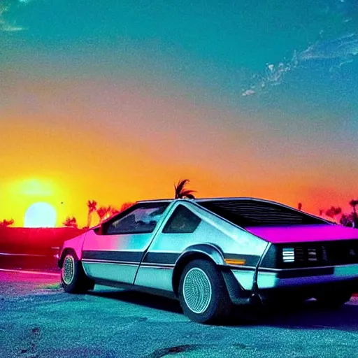 Prompt: miami beach sunset vapor wave palm trees 80s synth retrowave delorean decal car wide shot epic post apocalyptic landscape miami nuke fire craters end of the world