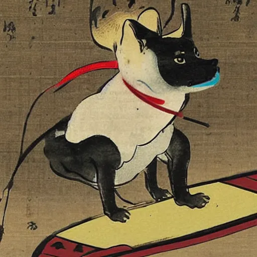 Image similar to shiba inu ninja on a skateboard on a birthday card, highly detailed, 1 8 th century japanese painting,