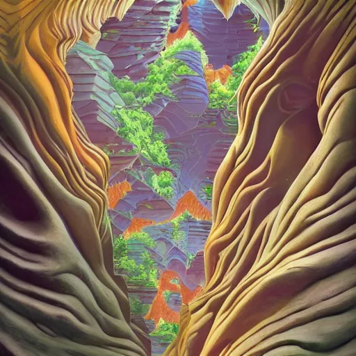 Prompt: four dimensional optical illusion, mind blowing geometry, tanner wash and antelope canyon, carved sandstone, by m. c. escher with alex grey, neon high contrast cinematic light, mystical shadows, sharp focus, divine realm of gods, octane render