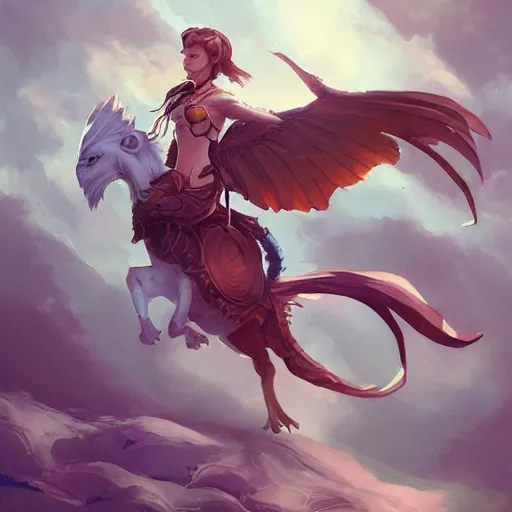 Image similar to Art station concept of a beautiful girl riding a gryphon, symmetrical face, smooth body features, by Stanley Artgerm Lau, WLOP, Rossdraws, James Jean, Andrei Riabovitchev, Marc Simonetti, and Sakimichan, trending on artstation