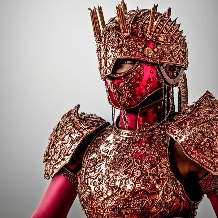 Prompt: full body photo of a beautiful strong warrior queen wearing ruby encrusted armour, highly detailed, 4 k, hdr, smooth, sharp focus, high resolution, award - winning photo