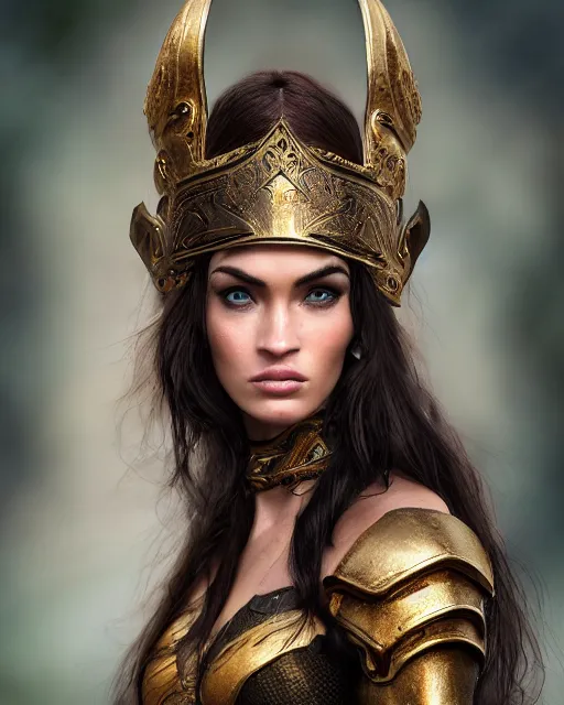 Image similar to photorealistic head and shoulders photo of beautiful victorian female ornate fantasy greek elf spartan warrior goddess, megan fox, wind blown hair, seductive, confident, Neil Blevins, Frank frazetta, arney freytag, Ritu Kumar, Sabyasachi Mukherjee, Annie Leibowitz, Magic the gathering,octane, bokeh, 8k, fashion pose, cinematic, 28mm