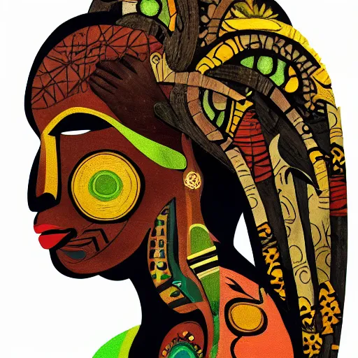 Image similar to Art in the style of Octavia Ocampo, Gaia, Mother Earth, side portrait, tribal mask inside mask, afrocentric mysticism