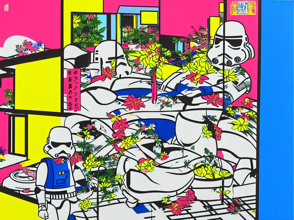 Image similar to hyperrealistic composition of the japanese home with a garden, stormtrooper in hot springs, pop - art style, jacky tsai style, andy warhol style, roy lichtenstein style, pastel palette, acrylic on canvas