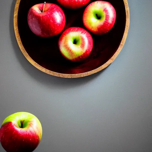 Image similar to a wide angle side view hyper realistic photo of only 3 apples on a wooden plate, food photography, highly detailed, sharp focus, award winning