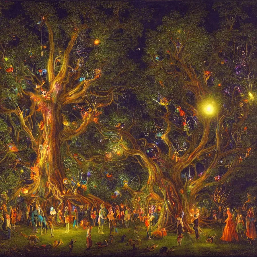 Image similar to a night carnival around a magical tree cavity, with a surreal orange moonlight and fireworks in the background, next to a lake with iridiscent water, christmas lights, folklore animals and people disguised as fantastic creatures in a magical forest by summer night, masterpiece painted by rogelio de egusquiza, dark night environment